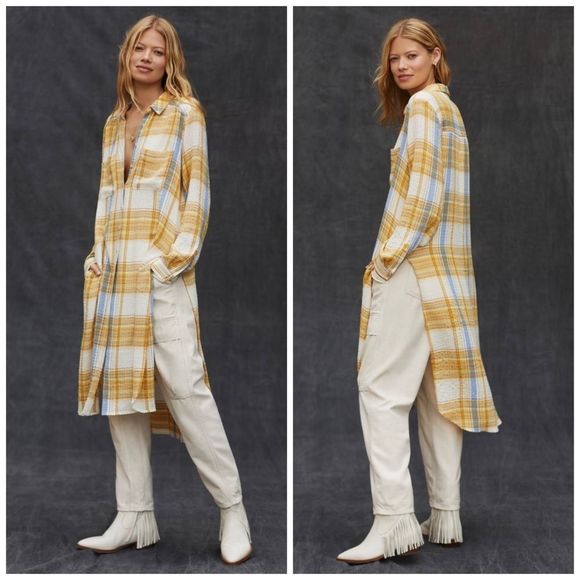 Pilcro for Anthropologie Side-Slit Maxi Tunic Buttondown Neutral Motif NWT Small - Picture 10 of 11